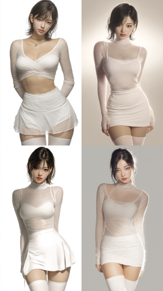 一位亚洲年轻女性，身穿浅色系紧身薄纱上衣和超短裙，搭配白色长筒袜，露肩露脐设计，眼神妩媚自然，身材曲线优雅，姿势自然自信。图像为全身写实风格，4k超高清分辨率，柔和光线处理，皮肤纹理细腻，服装材质真实，具有电影感的景深效果，整体画质清晰锐利，构图专业。