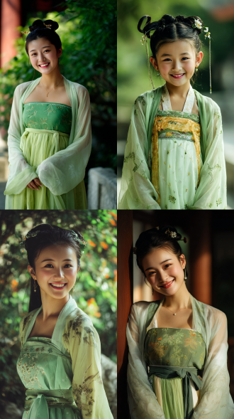 穿着淡绿色纱裙的唐代中国小女孩，刘亦菲风格，夏日服饰，微笑面容，生动角色设计，国画风格，可爱、端庄魅力，古典风格，开心，快乐，对角线布局，高对比度，花园内，暖色调，远焦镜头，侧光，静态，可爱。