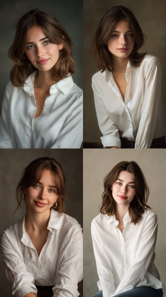 一位身穿柔软白衬衫的美丽年轻女子的肖像，自然的妆容，齐肩的长发，温柔的微笑，坐在工作室里，背景柔和，专业的肖像照明，照片般逼真的纹理，光滑的皮肤，高细节，4k 分辨率