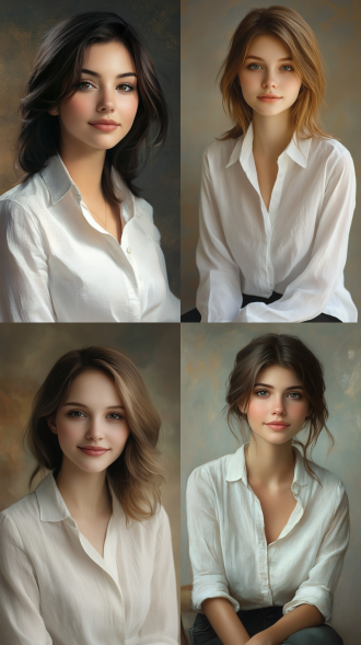 一位身穿柔软白衬衫的美丽年轻女子的肖像，自然的妆容，齐肩的长发，温柔的微笑，坐在工作室里，背景柔和，专业的肖像照明，照片般逼真的纹理，光滑的皮肤，高细节，4k 分辨率