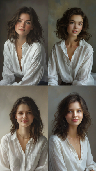 一位身穿柔软白衬衫的美丽年轻女子的肖像，自然的妆容，齐肩的长发，温柔的微笑，坐在工作室里，背景柔和，专业的肖像照明，照片般逼真的纹理，光滑的皮肤，高细节，4k 分辨率