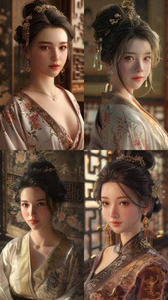 身着传统汉服的优雅中国女性，优雅的发髻和发夹，在卷轴背景的古典工作室中摆姿势，温暖柔和的灯光，平静地看着相机，摄影棚肖像，超细节，半现实主义，8k