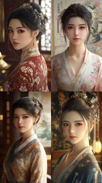身着传统汉服的优雅中国女性，优雅的发髻和发夹，在卷轴背景的古典工作室中摆姿势，温暖柔和的灯光，平静地看着相机，摄影棚肖像，超细节，半现实主义，8k