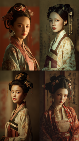 身着传统汉服的优雅中国女性，优雅的发髻和发夹，在卷轴背景的古典工作室中摆姿势，温暖柔和的灯光，平静地看着相机，摄影棚肖像，超细节，半现实主义，8k