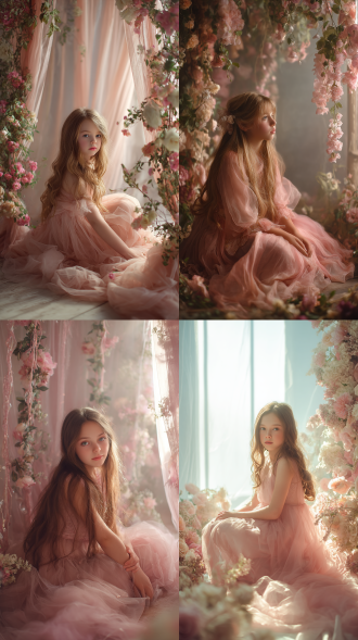 梦幻般的照片，一个可爱的年轻女孩穿着粉色雪纺连衣裙，柔和的背景，闪亮的眼睛，飘逸的长发，坐在花卉工作室布景上，柔和的背光，电影灯光，高品质插图，1：1