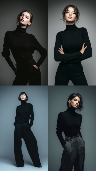 身穿黑色高领衫和长裤的时尚女孩的时尚风格肖像，极简的灰色背景，电影工作室的灯光，自信的姿势，超现实的高分辨率照片外观