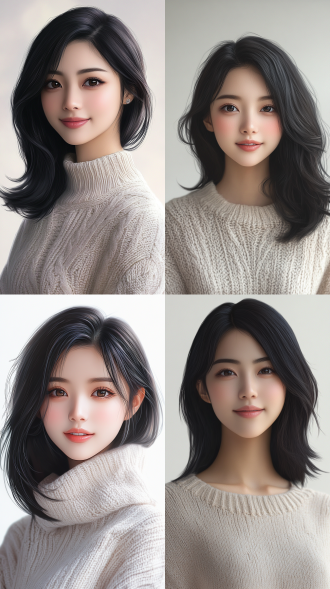 美丽的亚洲女孩，温柔的微笑，齐肩的黑发，身穿浅色毛衣，自然的妆容，容光焕发的皮肤，工作室肖像，浅景深，柔和的环境光，白色背景，逼真的插画风格 -ar 1：1 -v 6