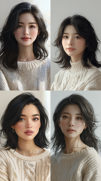 美丽的亚洲女孩，温柔的微笑，齐肩的黑发，身穿浅色毛衣，自然的妆容，容光焕发的皮肤，工作室肖像，浅景深，柔和的环境光，白色背景，逼真的插画风格 -ar 1：1 -v 6