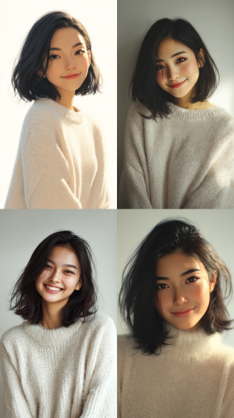 美丽的亚洲女孩，温柔的微笑，齐肩的黑发，身穿浅色毛衣，自然的妆容，容光焕发的皮肤，工作室肖像，浅景深，柔和的环境光，白色背景，逼真的插画风格 -ar 1：1 -v 6