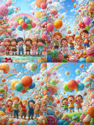 六一儿童节，欢乐气氛，卡通插画风格，多个小朋友，穿着节日服装，手举气球、棒棒糖和彩旗，背景有彩虹、糖果、礼物盒、泡泡，明亮色彩，可爱夸张表情，蓝天白云，绿地游乐场，儿童风格，构图丰富，适合节日宣传海报，高清插画