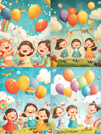 六一儿童节，欢乐气氛，卡通插画风格，多个小朋友，穿着节日服装，手举气球、棒棒糖和彩旗，背景有彩虹、糖果、礼物盒、泡泡，明亮色彩，可爱夸张表情，蓝天白云，绿地游乐场，儿童风格，构图丰富，适合节日宣传海报，高清插画