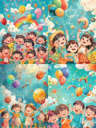 六一儿童节，欢乐气氛，卡通插画风格，多个小朋友，穿着节日服装，手举气球、棒棒糖和彩旗，背景有彩虹、糖果、礼物盒、泡泡，明亮色彩，可爱夸张表情，蓝天白云，绿地游乐场，儿童风格，构图丰富，适合节日宣传海报，高清插画