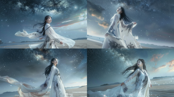 中国顶级美女，五官精致，长发飘飘，白色吊带连衣裙，黑灰色水墨碎花装饰，站立沙漠中，仰望星空，银河拱桥，广角镜头，写实风格，高分辨率，沙漠背景，星空点缀，仰望姿态，自然光，梦幻氛围，细节丰富，色彩对比，神秘感。