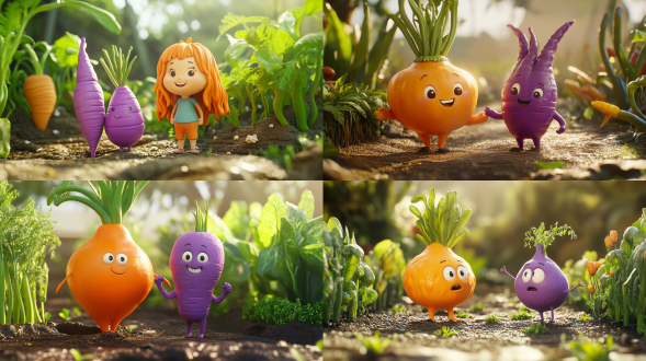 3d粘土风格，橙色洋葱姑娘与紫色胡萝卜相伴，卡通花园背景，正光，暖色调，特写镜头，漫画场景，高分辨率，线条清晰，色彩鲜艳，欢快。