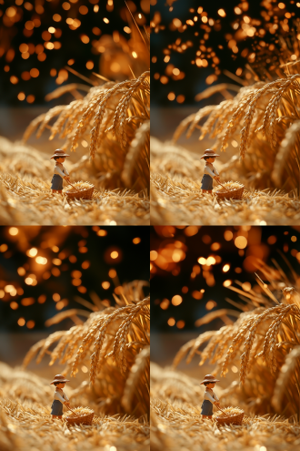 微缩农民在稻田割稻，金黄色麦穗低垂，三分法布局，微距镜头，暖光，近景，开心忙碌，丰收喜悦，色彩饱满。