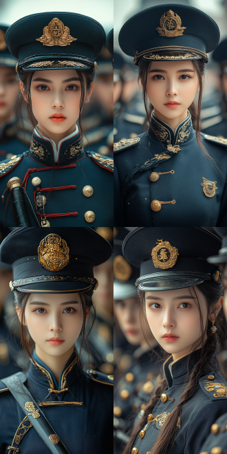 多名现代女保安值守，明朝皇宫，华丽制服，黑色官帽，锋利宝剑，严肃面容，锐利眼神，金碧辉煌，精致庭院，皇家威严，对称构图，高光影，广角镜头，自然光，静态，尊贵，威严。