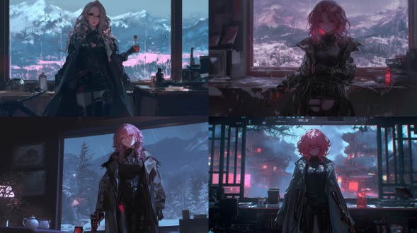 表情冷漠的女孩，动漫脸，高个子，灰黑色大衣，书房，雨夜，雪山，别墅，黑色衬衫皮裤，全身肖像，粉色乱卷发夹杂直发，红黑色瞳，戴眼镜，理性，手持红色药瓶，大衣红色污渍，表情冷漠，紫色眼睛，疯狂，冷静，黑暗，共存和理性，8k超高清，出色画质，完美细节，黑色皮手套，黑色过膝高跟皮靴，腰部左轮手枪，对角线构图，高对比度，暗色调，广角镜头，侧光，快速快门，手持动作，紧张情绪，紫色与红色对比，平静与疯狂并存，瘦削，雨夜，书房，灯光昏暗，站立，窗户外雪山夜景。