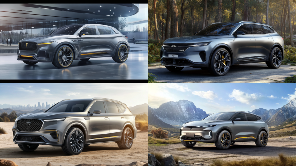 suv，灵动感，设计奇特，居中构图，金属质感，户外环境，标准镜头，清晰细节，自然光，静止， 硬朗线条，冷色调，大气。