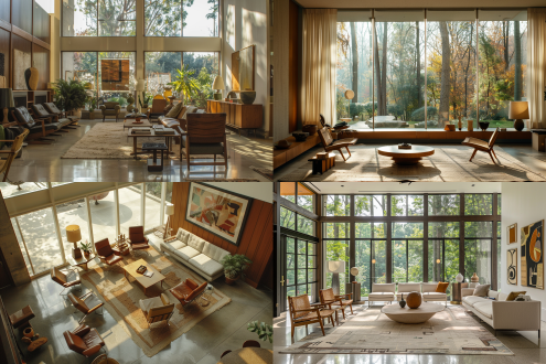 中古风艺术装置，中性色调，大窗户，高角度，柔和光线，自然材质，舒适家具，宁静氛围，现代艺术装饰，清晰焦点，生活气息，民族色彩，对称构图，室内环境，标准镜头，自然光，静态，温馨，和谐。