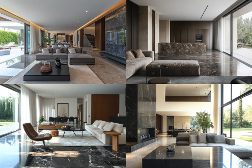 别墅客厅，意式极简，开放式布局，深色大理石与深色木质结合，柔和自然光，长焦镜头，细节清晰，中性色调，舒适宁静，现代风格，宽敞空间，自然材质，简洁线条，平衡构图，室内设计，优雅氛围，生活品质。