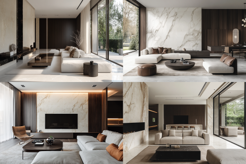 别墅客厅，意大利极简主义，开放式布局，浅色大理石和深色木材组合，柔和的自然光，长焦镜头，细节，中性色调，舒适宁静，现代风格，宽敞的空间，天然材料，简洁的线条，平衡的构图，室内设计，优雅的氛围，生活品质。