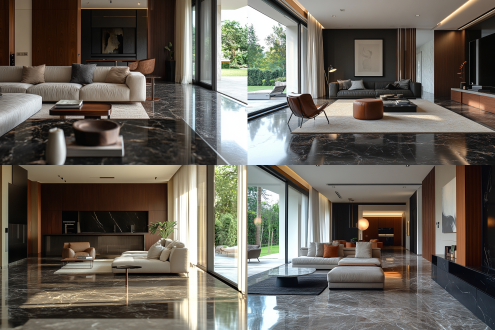 别墅客厅，意式极简，开放式布局，深色大理石与深色木质结合，柔和自然光，长焦镜头，细节清晰，中性色调，舒适宁静，现代风格，宽敞空间，自然材质，简洁线条，平衡构图，室内设计，优雅氛围，生活品质。