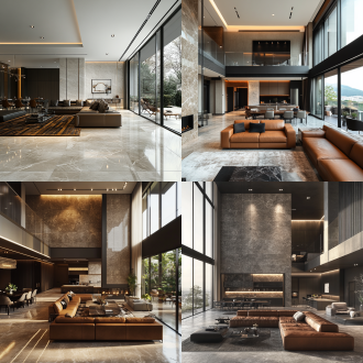 现代横厅客餐厅，石材背景墙，连纹瓷砖、皮质沙发，落地大窗，暖光，广角布局，中性与金属色，高清画质，优雅沉稳。