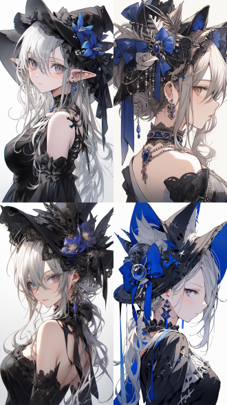witch anime hat with white hair and black wig, in the style of lucid developments of his subjects, changelingcore, mysterious backdrops, blue and black, aurorapunk, sharp angles, oshare kei