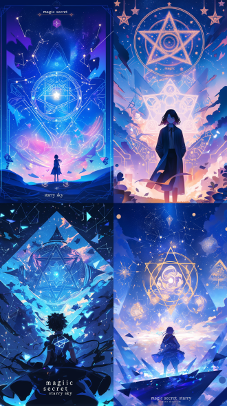 a tarot card that features the silhouette of an anime character surrounded by a starry sky, with multiple constellations forming mystical symbols and runes around their head. the background is filled with floating geometric shapes in shades of blue and purple, creating an otherworldly atmosphere. at its center stands a large white pentagram with intricate designs on it, symbolizing magic and mystery. above or below these elements, there is text that reads "magic secret starry sky" in bold letters.
