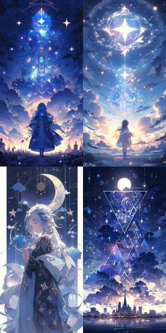 动漫角色剪影，星光璀璨夜空，星座神秘符号，几何形状漂浮，蓝紫色调，中心白五角星，精细装饰，魔法神秘星空文字，幻想艺术风格，神秘，迷人。