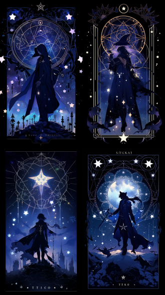 create a tarot card design featuring the silhouette of an anime character, set against a mesmerizing starry sky. surround the character with multiple constellations that form mystical symbols and runes, elegantly encircling their head. the background should be filled with floating geometric shapes in rich shades of blue and purple, enhancing the otherworldly atmosphere. at the center, place a large white pentagram adorned with intricate designs, symbolizing magic and mystery. above or below these elements, include the text "magic secret starry sky" in bold, eye-catching letters. the overall composition should evoke a sense of enchantment and wonder, reminiscent of fantasy art styles.
