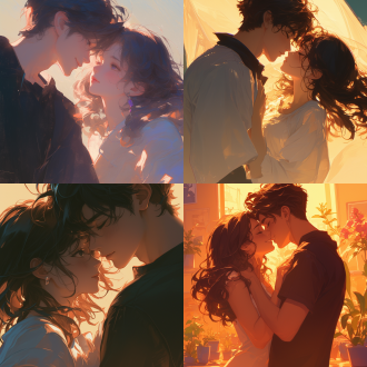 女生男生亲吻，温馨场景，浪漫甜蜜，柔和光线，梦幻背景，细腻细节，高度详细，数字插图，artstation，插图风格，清晰焦点，温暖色调，广角镜头，侧光，慢快门，拥抱，幸福。