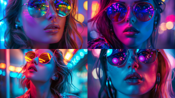 magical style, city night, fashionable girl, colorful sunglasses, neon lights reflected from lens, colorful, lighting effects, portrait photography, ultra clear image quality