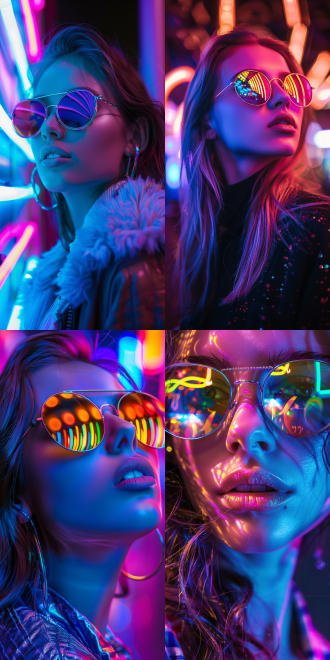 magical style, city night, fashionable girl, colorful sunglasses, neon lights reflected from lens, colorful, lighting effects, portrait photography, ultra clear image quality