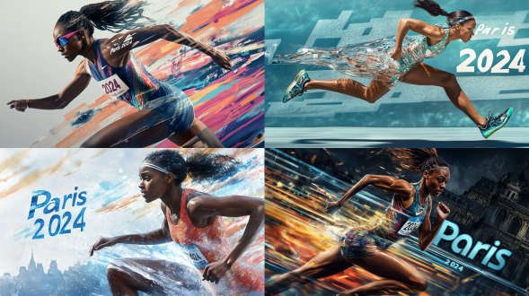 女性短跑运动员，身穿玻璃做的衣服，目光专注，奋力奔跑，背景写着“paris 2024”