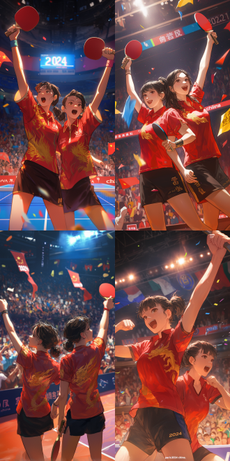 illustration style, two chinese women's table tennis players, with black short hair, red short sleeves with gold chinese dragon patterns, black skirts, holding rackets, cheering for victory, modern indoor gymnasium, dark background, depth of field, surrounded by spectators, the spectators hold signs with uppercase "paris 2024" and uppercase "china"