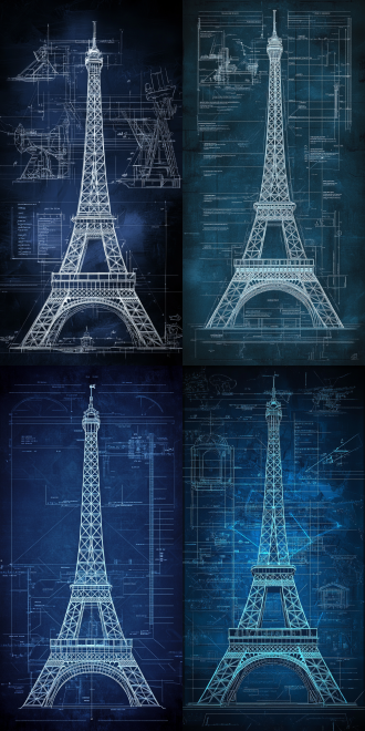 设计图，工业设计风格，埃菲尔铁塔图纸，详细数据说明，深色背景，高清图，16k