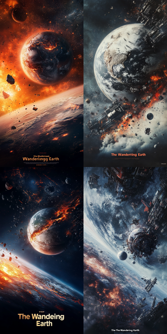科幻海报，电影"流浪地球"，地球被行星发动机推动飞行，远处的月球变成碎片，高清图，16k