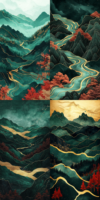 光滑的玉石做的山水，墨绿色的山脉，鎏金山脊，金色条纹，红色的树木，金色的河流，鎏金河水条纹，细节清晰，质感，层次感，富有光泽，手机壁纸，16k