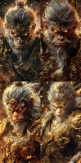 悟空，海报，毛发灰色，面目狰狞，眼睛闪金光，金色古代战甲，极致细节，高清晰，16k