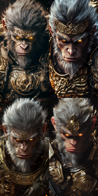 悟空，海报，毛发灰色，面目狰狞，眼睛闪金光，金色古代战甲，黑色背景，极致细节，高清晰，16k