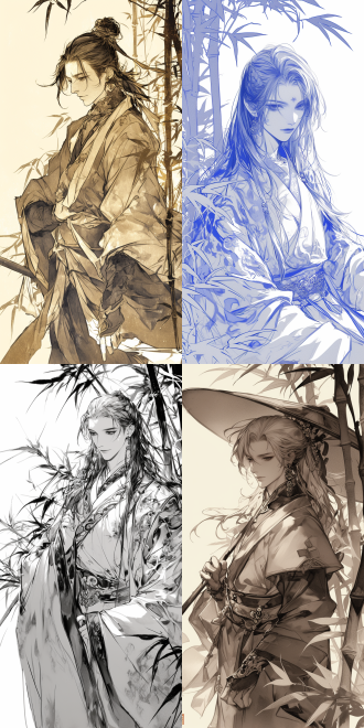 古风男性线稿，中心构图，简洁画面，华丽首饰，素描效果，纹理丰富，竹林背景，手绘感，静态，高对比度，广角镜头，侧光，细腻纹理，古典美。