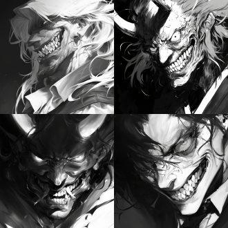 恶魔头呲牙大笑，黑白构图，面部特写，专业镜头，高对比度，阴影强烈，细节丰富，表情夸张，神秘感，恐惧与幽默并存。