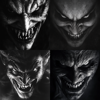 恶魔头呲牙大笑，黑白构图，对称布局，面部特写，专业镜头，高对比度，暗色调，顶光，细节清晰，恐怖，神秘。