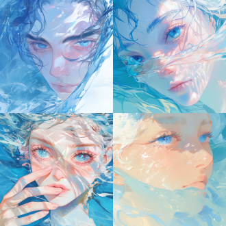 超现实主义插画，高分辨率，中心构图，面部特写，水彩混合油画插画风格，郑晓嵘风格，人鱼，淡蓝色长发，海蓝色眼睛，英俊男模，长睫毛，细腻画风，唯美主义，海洋，破碎感，丁达尔效应，侧光