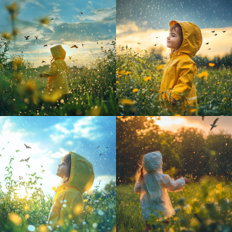 穿雨衣女孩草坪玩耍，中景构图，盛夏雨后蓝天白云飞鸟，近景植物挂雨珠，侧逆光，暖色调，活泼，中长焦镜头。