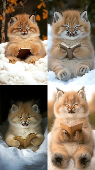 ultra-high quality, surreal photography, 32k high definition, lynx photography, ultra-cute and adorable young lynx lying in bed reading a book, short legs, chubby, fluffy, random expressions, random movements, random scenes, ultimate details, perfect hair details, master-level composition, high resolution, natural light, wide-angle lens, warm tones, cheerful, cozy. bird's-eye view https://cdn.discordapp.com/attachments/1282942402512027650/1282957003253219369/42945874a4124e9abd9531e83713446c.jpg?ex=66e13e51&is=66dfecd1&hm=5989447bc869de60594e32a583a5418ceac6a1a6f34a4dcf7a8ef794e76c0843&