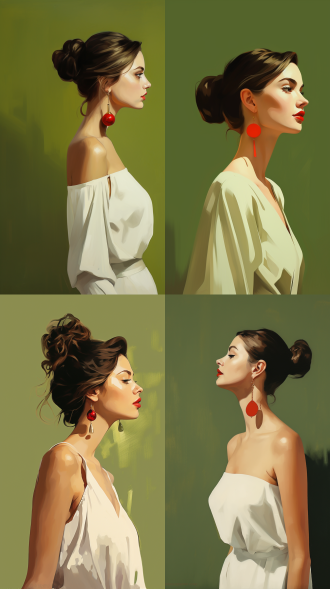 女孩侧面，牛油果绿背景，极简艺术，白色连衣裙，红唇，迷人眼神，绿色复古耳环，柔和光线，低饱和色调，宁静氛围，扁平插画风格，侧光，广角镜头，高对比度，室内环境，暖色调，静态，优雅。