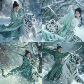 飘雪电影级明亮大场景，远景，亚洲黑发少女，持剑骑白虎，绿衣飘飘，白皙肤色，全身图，大长腿，华丽服装，中国武侠风，柔和光线，梦幻色彩，广角镜头，雪地，动态模糊，高光溢出，冷暖对比，神秘感，力量感，优雅姿态，冰雪元素，东方美学。