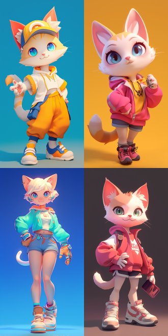 卡通动漫风格猫正面，搞怪装扮，鲜艳色彩，立体光影，活泼表情，动态捕捉，数字艺术，虚拟现实，可爱3d形象，刻画细节，正面光，高饱和度，快速快门，动态模糊，夸张表情，立体感强。